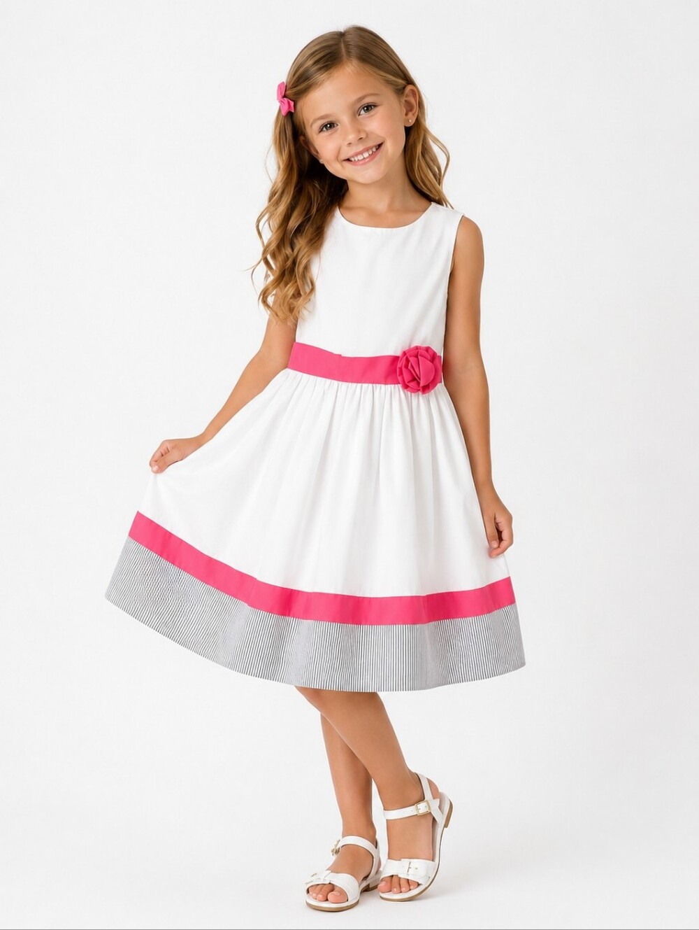 2/$50 NWT Gymboree White Dress 7 Pink Sash Flower Striped Hem